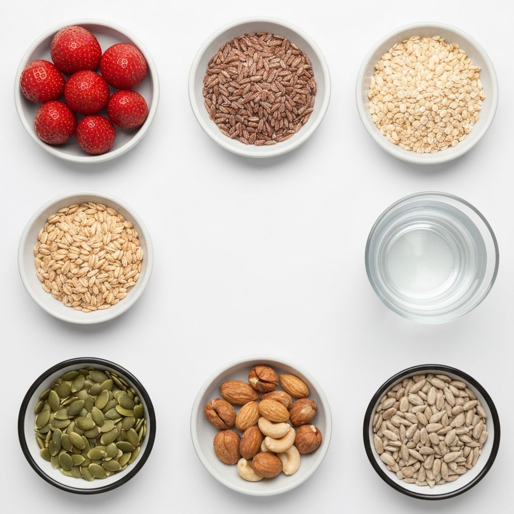 Natural nutrition ingredients arranged on white surface