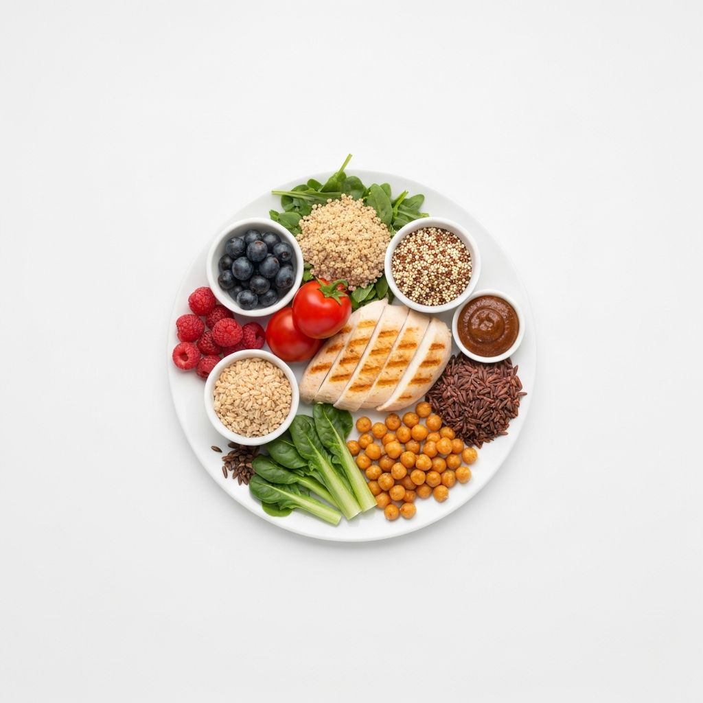 Diverse nutritious foods on white plate and surface