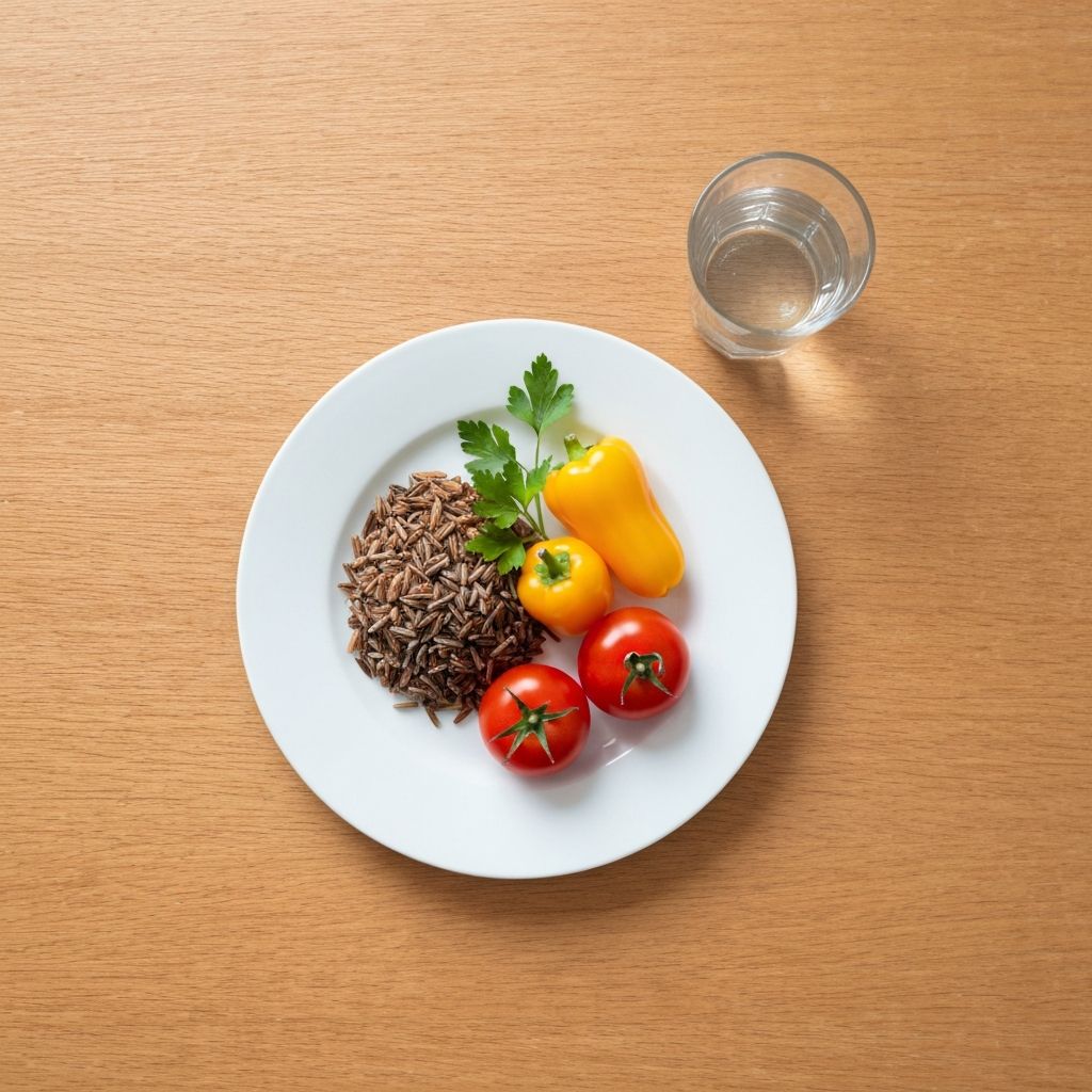 Simple meal setup with whole grains, vegetables, and water